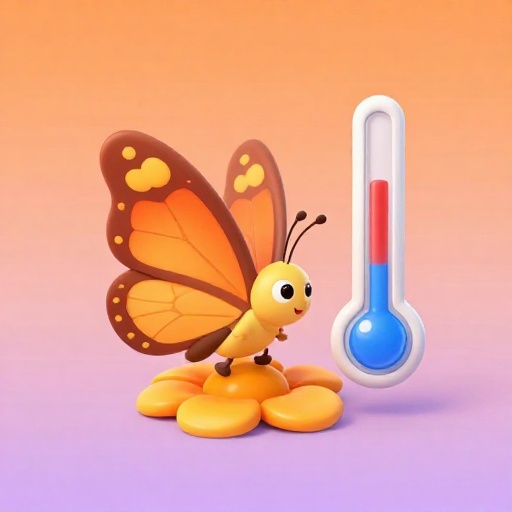 A cartoon butterfly shivering near a low-reading thermometer.