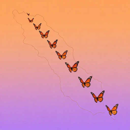Una fila de mariposas Monarca migrando sobre un mapa estilizado.