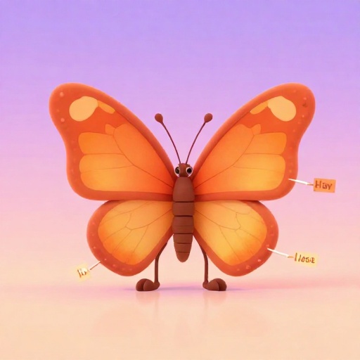 A cartoon butterfly showing its six legs clearly.