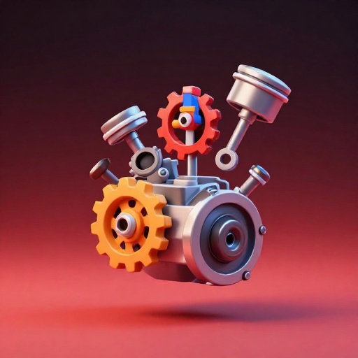 Una ilustración de dibujos animados que muestra miles de piezas pequeñas y coloridas flotando alrededor de un bloque de motor simplificado.