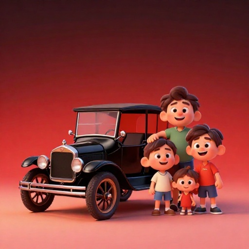 Un dibujo animado de una familia feliz con un auto Ford Modelo T negro.