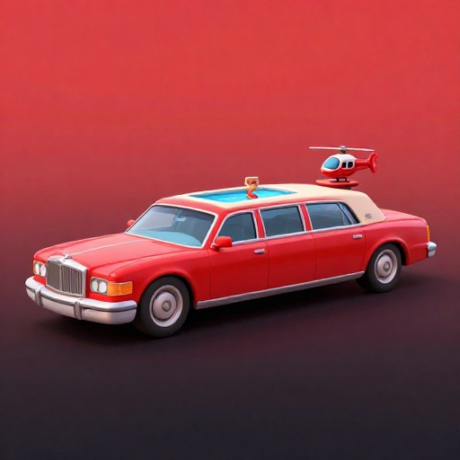 Un dibujo animado del auto extremadamente largo, 'The American Dream', mostrando su enorme longitud.