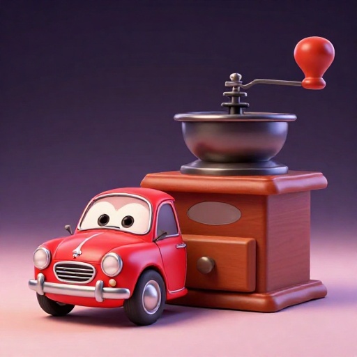 Un dibujo animado de un viejo auto Peugeot al lado de un gran molinillo de café antiguo.