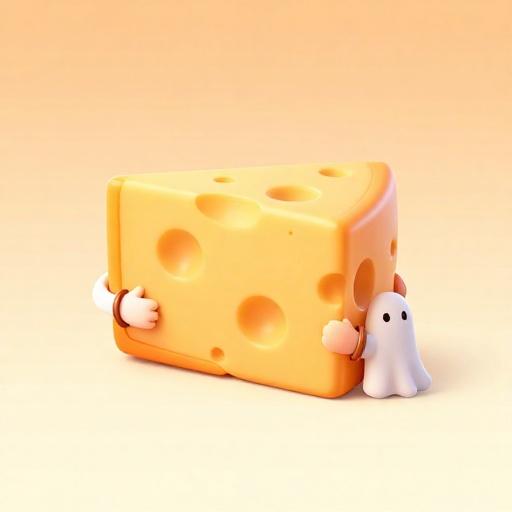 Queso antiguo y amarillento sostenido por pequeñas manos fantasmales.