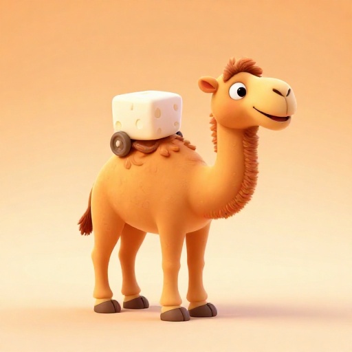 A happy camel with a small wheel of cheese on its hump.