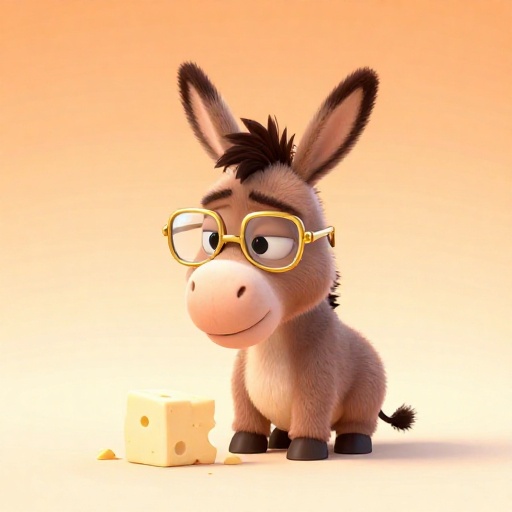 Una burra con gafas junto a un trozo de queso Pule.