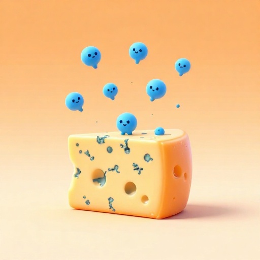 Una cuña de queso azul con esporas de moho azul amigables flotando.