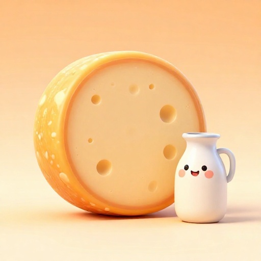 Una rueda gigante de queso parmesano junto a una pequeña jarra de leche.