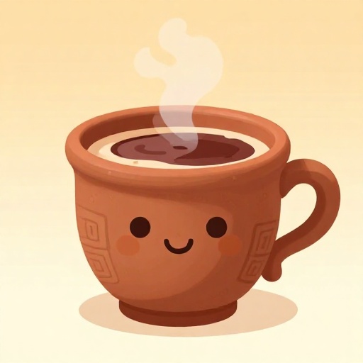 Una taza de arcilla de aspecto antiguo con un líquido oscuro y espumoso dentro, representando la primera bebida de chocolate.