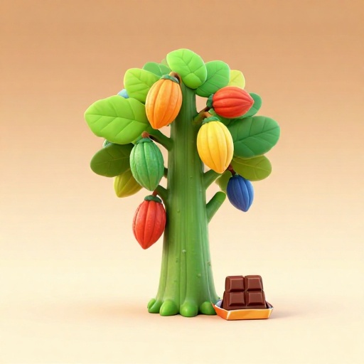 El tronco de un árbol de cacao con vainas de colores amarillo brillante y morado creciendo directamente de la corteza, junto a una pequeña barra de chocolate.