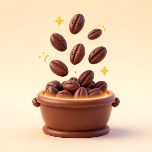 Granos de cacao cayendo dentro de una máquina tostadora estilizada con luz cálida y destellos.