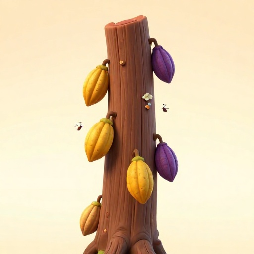 Ilustración de primer plano de vainas y flores de cacao creciendo directamente del tronco grueso de un árbol de cacao.
