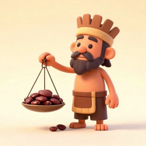 Una balanza antigua equilibrando granos de cacao gordos contra granos pequeños y arrugados.