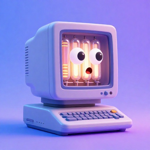 Una computadora antigua, gigante y amigable, hecha de muchos tubos de vacío brillantes que llenan una habitación grande.