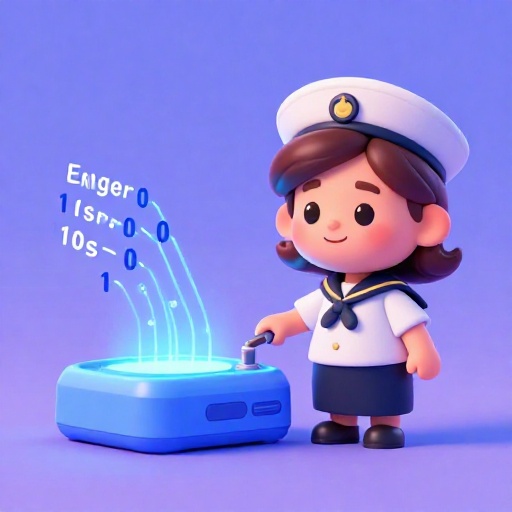 Grace Hopper parada junto a una máquina brillante traduciendo palabras en inglés a código binario.