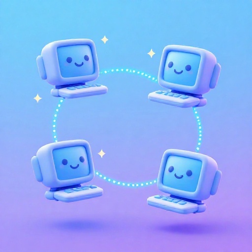 Cuatro computadoras simples de dibujos animados conectadas por líneas brillantes que representan la primera red.