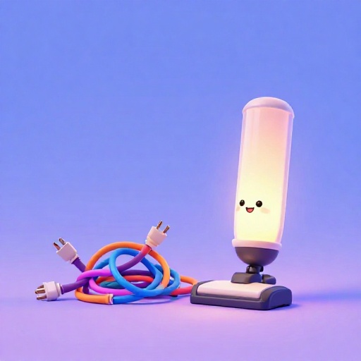 Un tubo de vacío de dibujos animados amigable junto a un desorden de cables de colores.