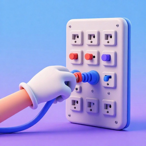 Una mano de dibujos animados luchando por reconectar un panel de computadora masivo y complejo.