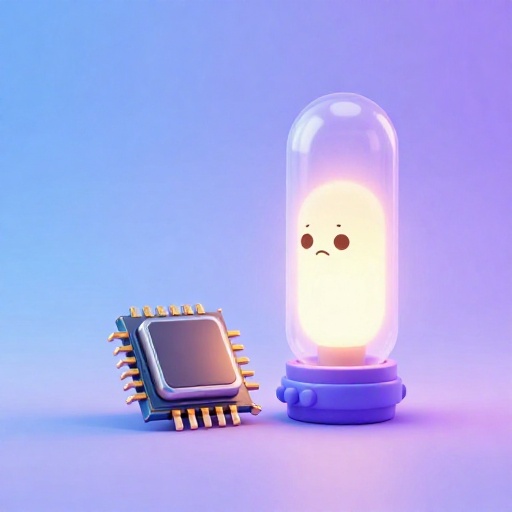 Un pequeño chip de computadora moderno empequeñeciendo un tubo de vacío grande y viejo.