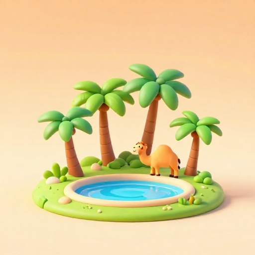 Un pequeño y exuberante oasis verde con palmeras y un charco de agua en medio de un desierto arenoso.