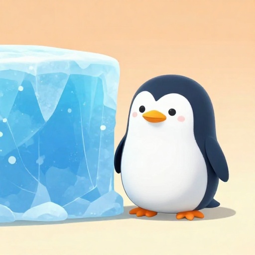 Un pingüino de dibujos animados parado sobre una gran lámina de hielo para mostrar un desierto frío.