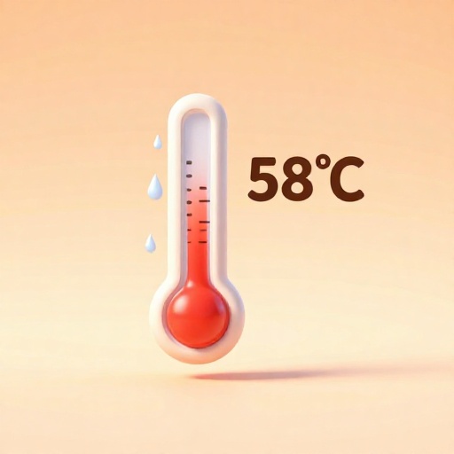 Un personaje de termómetro de dibujos animados derritiéndose junto a un cartel que dice 58 grados Celsius.