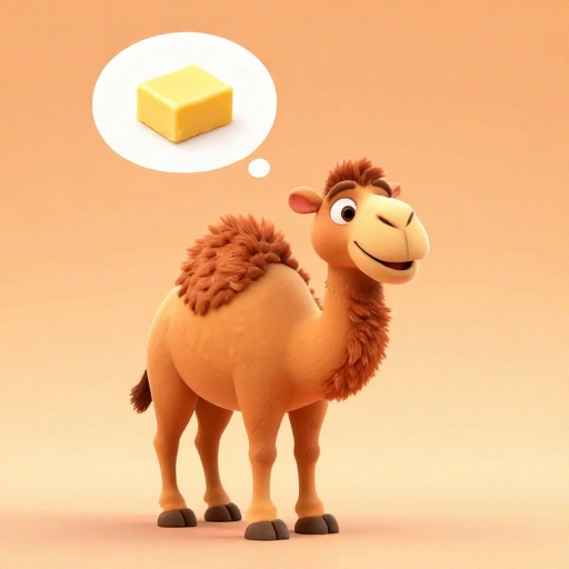 Un camello de dibujos animados con una burbuja de pensamiento que muestra un trozo de grasa en su joroba en lugar de agua.