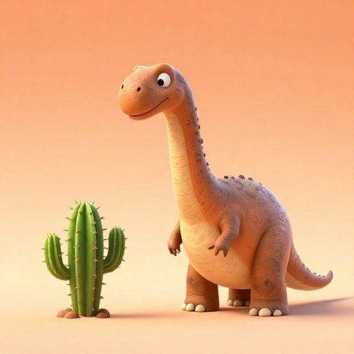 Un dinosaurio de dibujos animados junto a un cactus viejo en una escena del desierto que representa la edad antigua del Desierto de Namib.