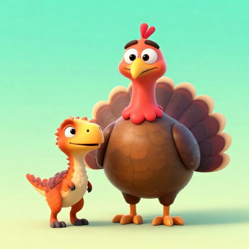 Velociraptor de dibujos animados junto a un pavo para mostrar su pequeño tamaño.