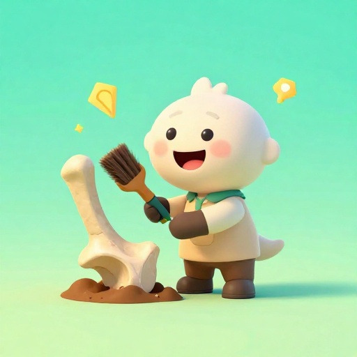 Paleontólogo de dibujos animados descubriendo un hueso de dinosaurio con muchos iconos pequeños representando nuevas especies.