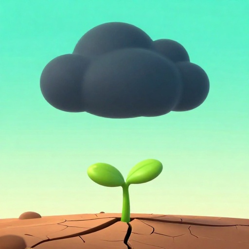 Planta de dibujos animados creciendo de tierra agrietada después de un desastre, simbolizando la recuperación.