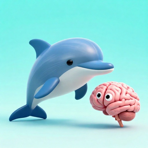 Una ilustración de dibujos animados comparando un cerebro de delfín grande y un cerebro humano más pequeño.