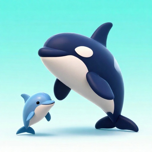 Una orca de dibujos animados nadando junto a un delfín nariz de botella más pequeño.