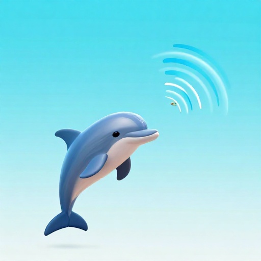 Un delfín usando ecolocalización con ondas sonoras localizando un objeto distante.