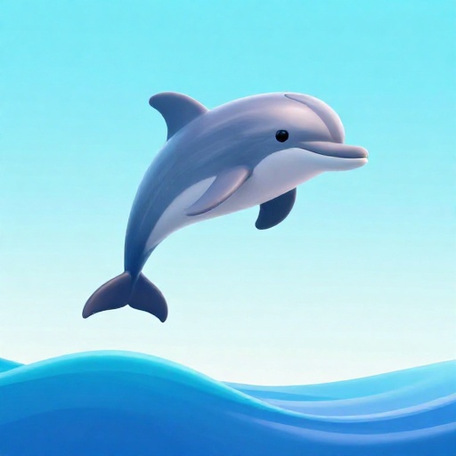 Un delfín de dibujos animados saltando alto fuera del agua.