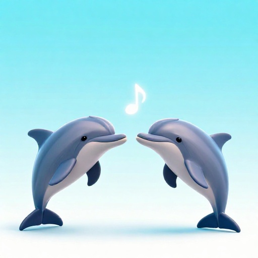 Dos delfines de dibujos animados comunicándose con una nota musical entre ellos.