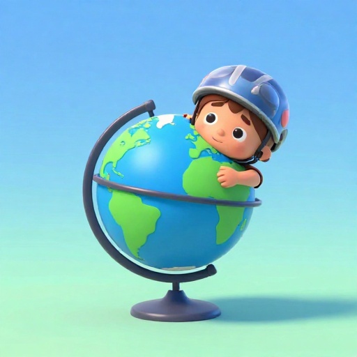 Niño de dibujos animados girando rápidamente sobre un globo terráqueo a gran velocidad