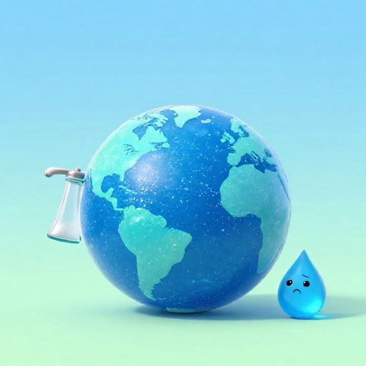 Tierra de dibujos animados mostrando vastos océanos con una pequeña gota de agua dulce junto a un gran salero