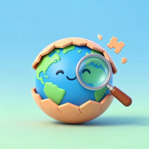 Tierra de dibujos animados con una capa exterior delgada y agrietada siendo examinada con una lupa