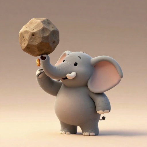 Una trompa de elefante de dibujos animados mostrando sus músculos mientras sostiene un maní pequeño y una roca grande.