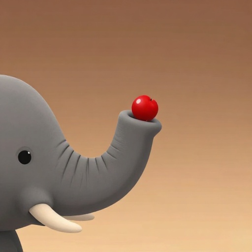 Primer plano de la punta de la trompa de un elefante africano de dibujos animados pellizcando una baya con sus dos extremos en forma de dedo.