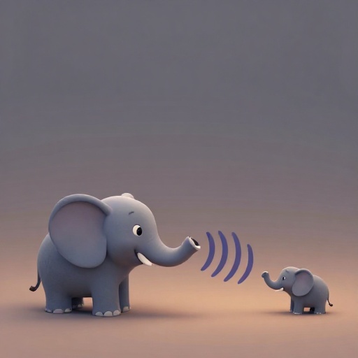Elefantes de dibujos animados comunicándose usando ondas sonoras invisibles de baja frecuencia que viajan por el suelo.