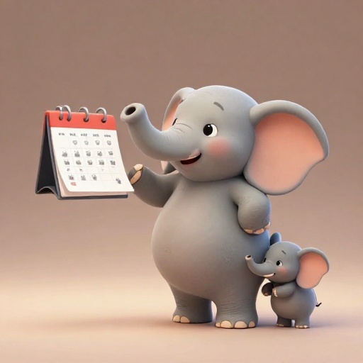 Una elefanta de dibujos animados embarazada mirando un calendario marcado con 22 meses.