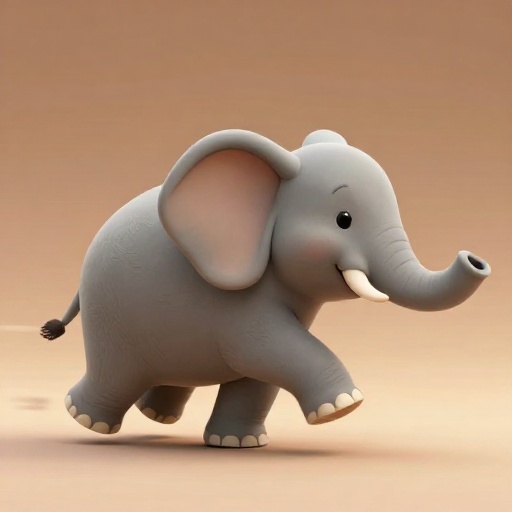 Un elefante de dibujos animados moviéndose rápido que todavía tiene las cuatro patas tocando el suelo.