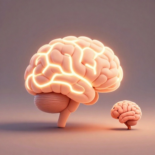 Una comparación de dibujos animados de un cerebro de elefante gigante junto a un cerebro humano pequeño.