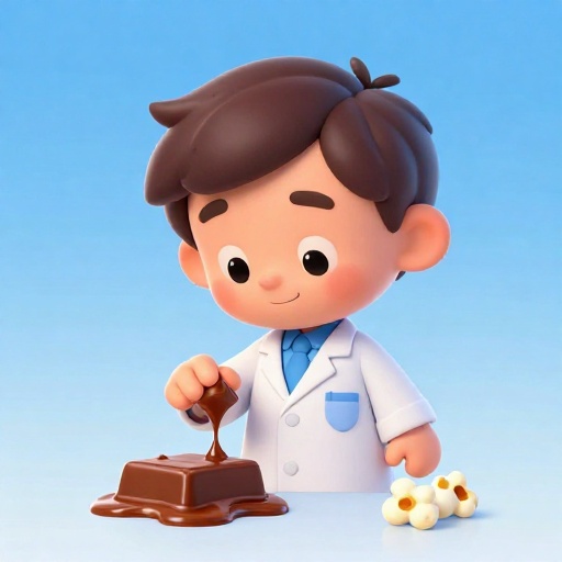 Un dibujo animado de un científico mirando con sorpresa una barra de chocolate derretida asomando de su bolsillo cerca de un tubo brillante.