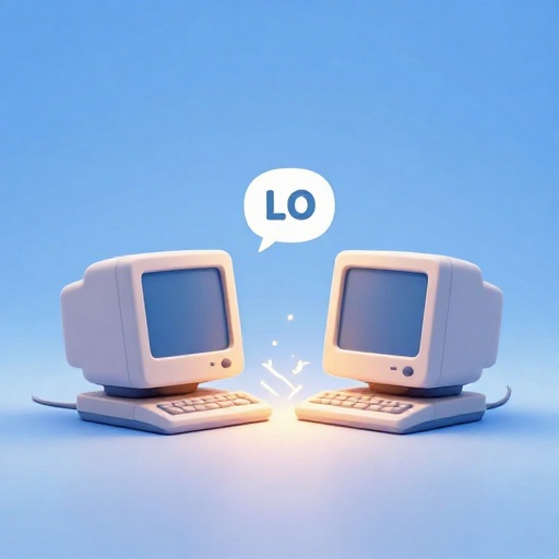 Dos computadoras antiguas de dibujos animados con una línea de conexión rota entre ellas, mostrando las letras 'LO'.