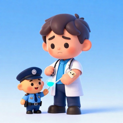 Un dibujo animado de un médico administrando una inyección de líquido azul brillante al brazo vendado de un policía.