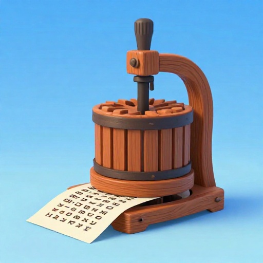 Un dibujo animado de una gran prensa de imprenta de madera presionando papel con letras metálicas.