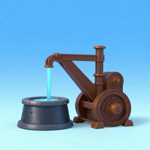 Un dibujo animado de un viejo motor de vapor bombeando agua fuera de un pozo de mina.